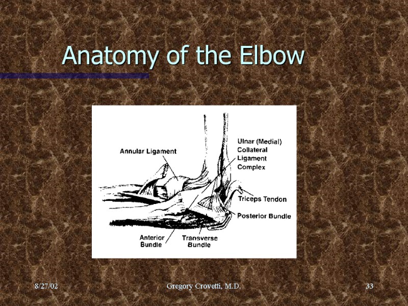 8/27/02 Gregory Crovetti, M.D. 33 Anatomy of the Elbow